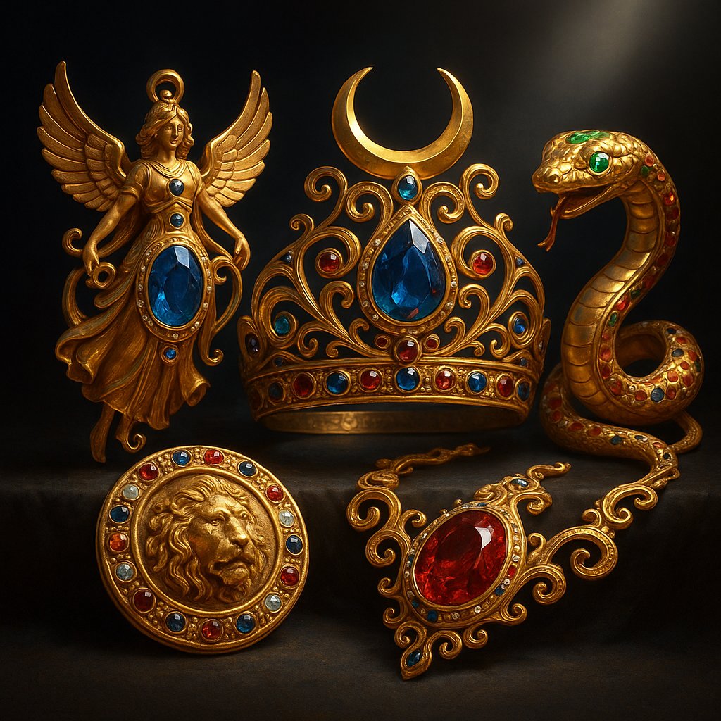 Mythological-inspired jewelry featuring serpent motifs, celestial designs, and ancient symbols