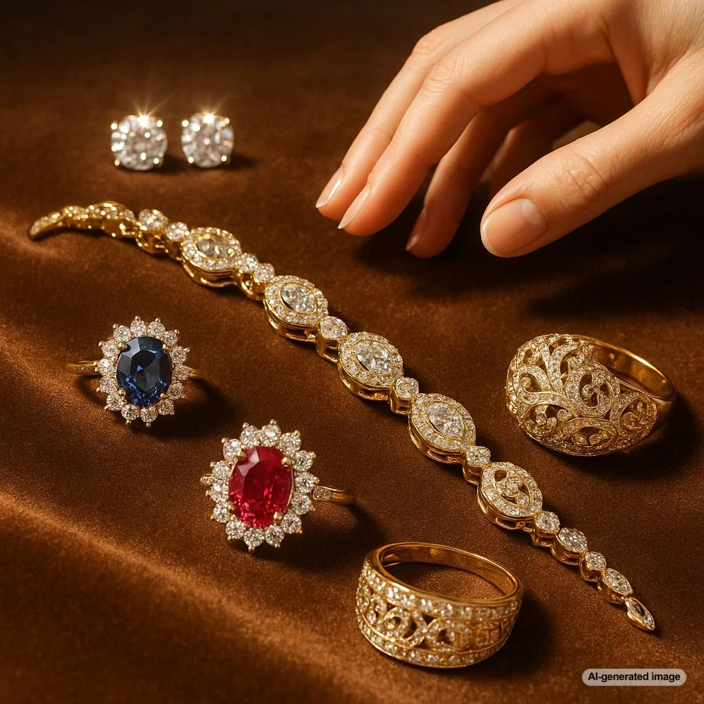 A woman experiencing the multi-sensory joy of jewelry, touching a beautiful bracelet with a smile