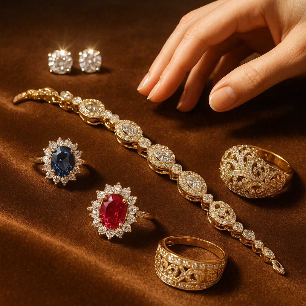A woman experiencing the multi-sensory joy of jewelry, touching a beautiful bracelet with a smile