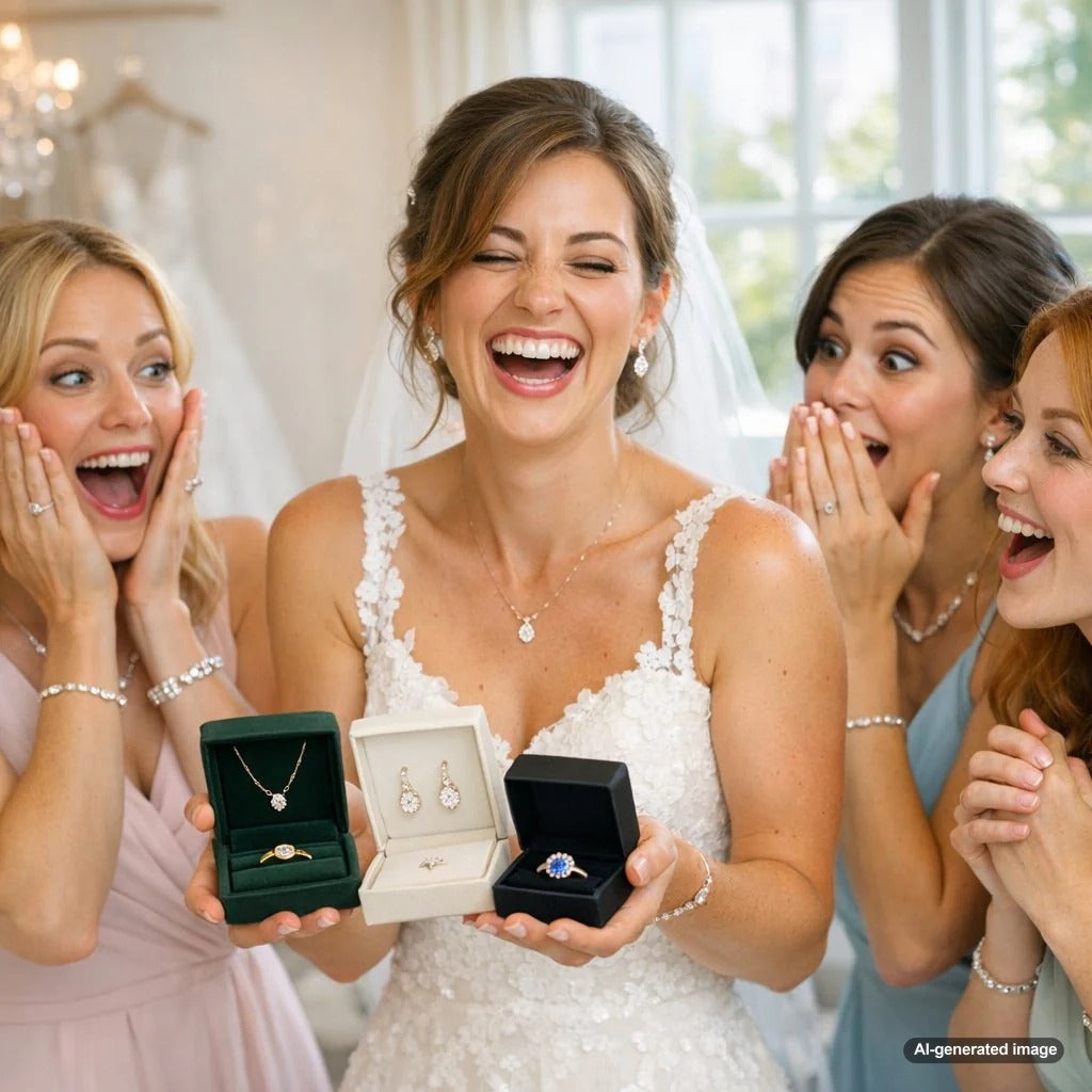 Beautiful display of affordable bridesmaid jewelry gifts including necklaces, earrings, and bracelets under $100