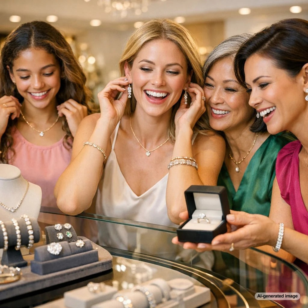 Beautiful curated jewelry gift selection for milestone birthdays featuring diamond rings, pendants, and bracelets on velvet