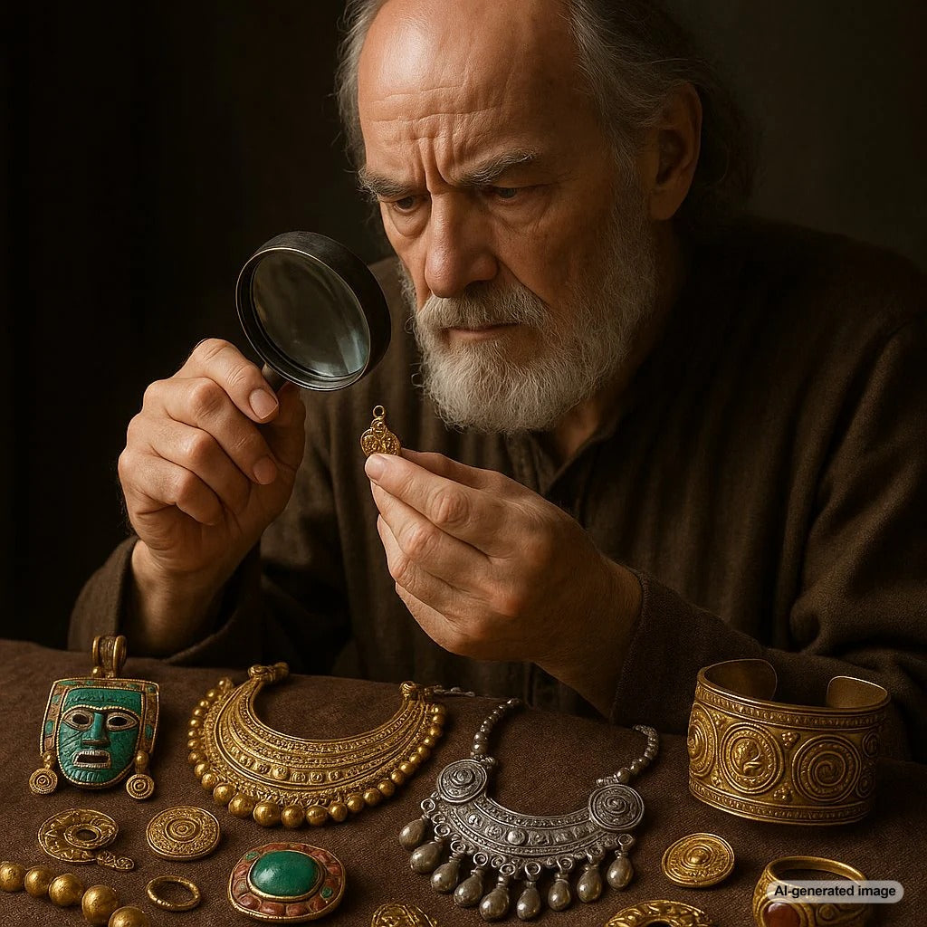 Ancient jewelry artifacts from various civilizations including Roman, Greek, and Mesopotamian pieces showcasing gold work and gemstones