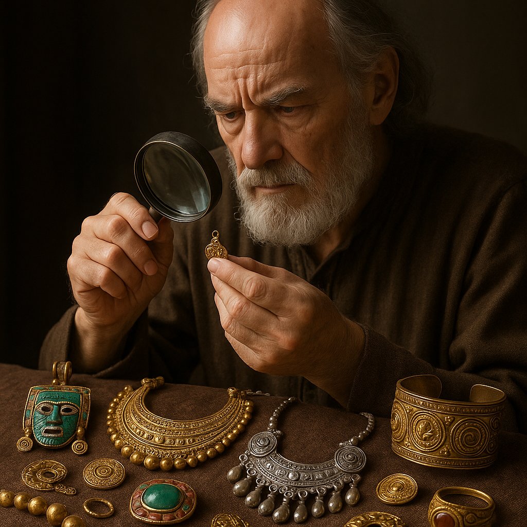 Ancient jewelry artifacts from various civilizations including Roman, Greek, and Mesopotamian pieces showcasing gold work and gemstones