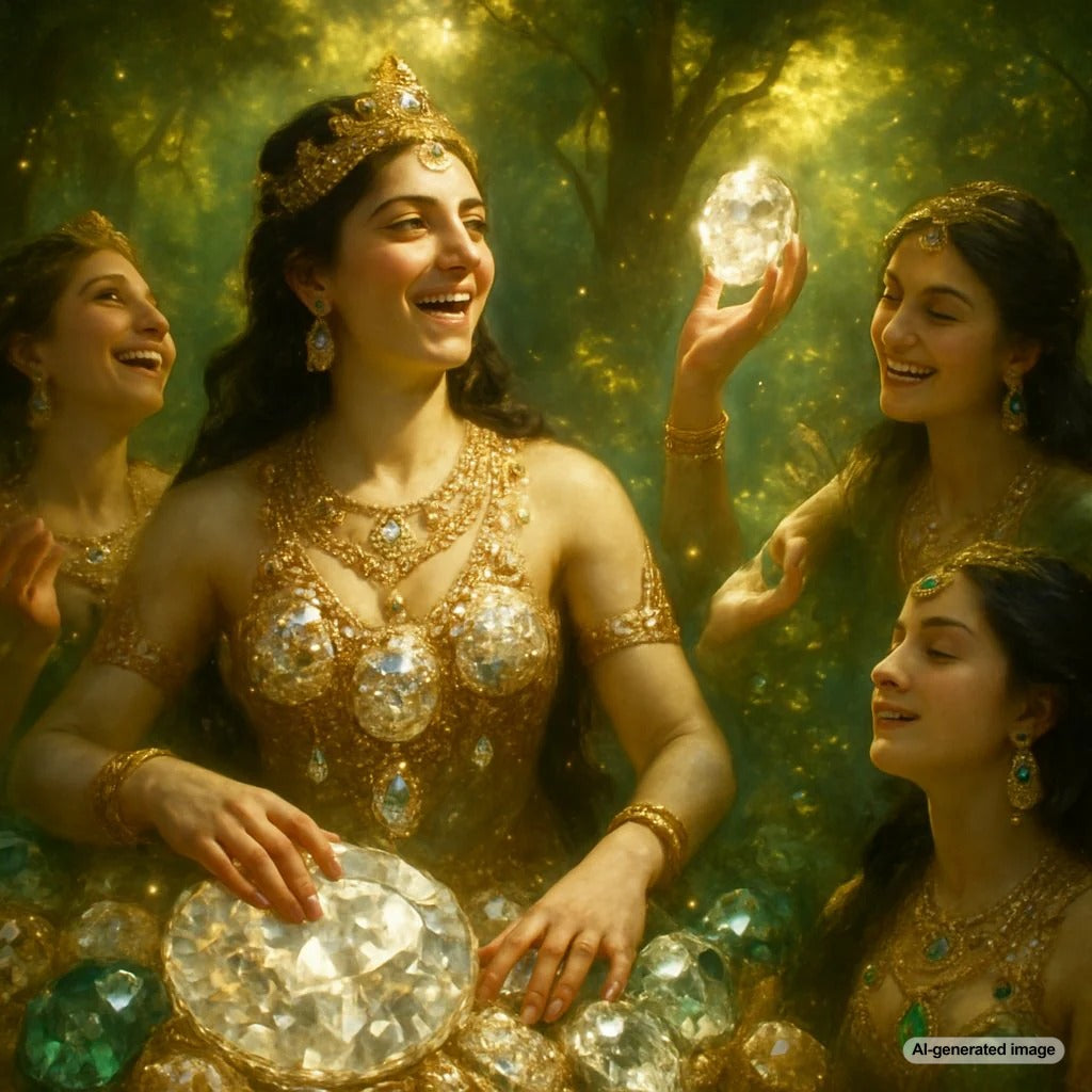An artistic collage featuring ancient Greek vases, Norse runes, and glowing gemstones like pearls and amber, representing the mythical origins of jewelry.