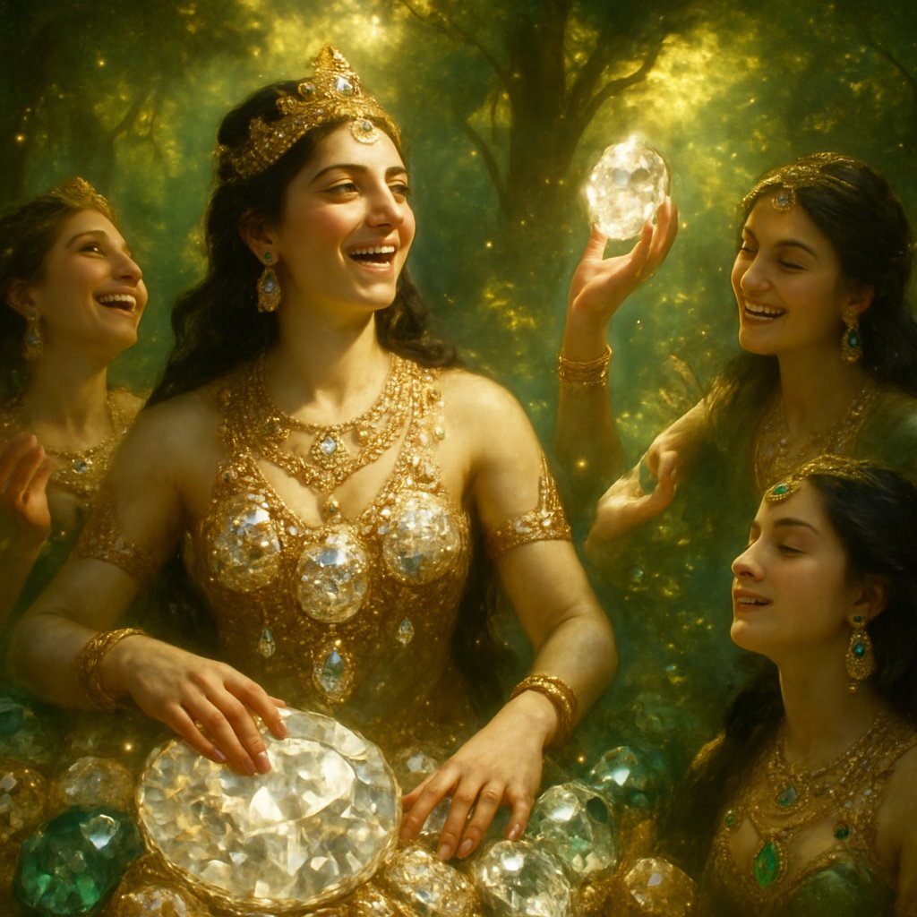 An artistic collage featuring ancient Greek vases, Norse runes, and glowing gemstones like pearls and amber, representing the mythical origins of jewelry.