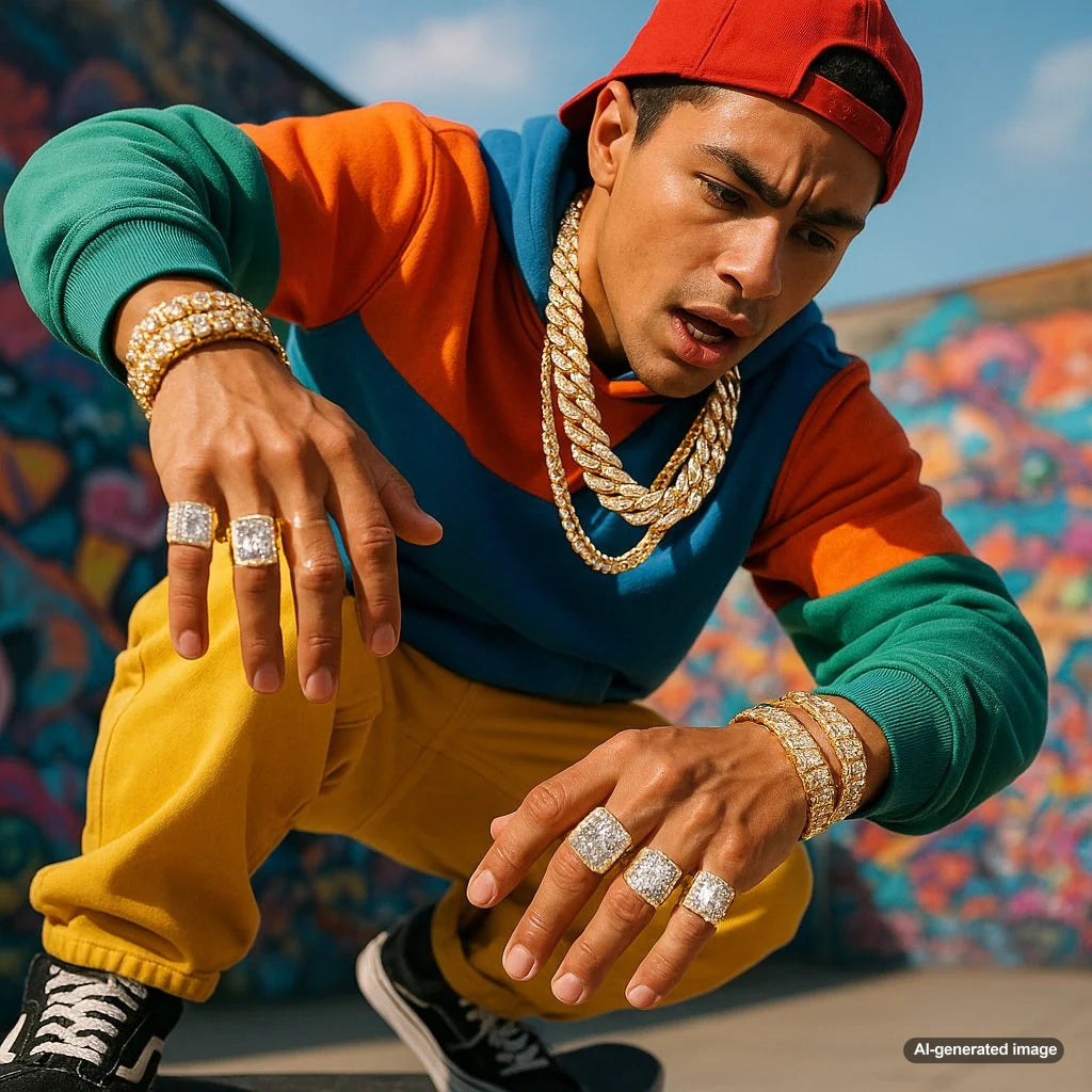 Urban streetwear jewelry featuring chunky chains, bold rings, and edgy pendants blending skate culture with luxury style