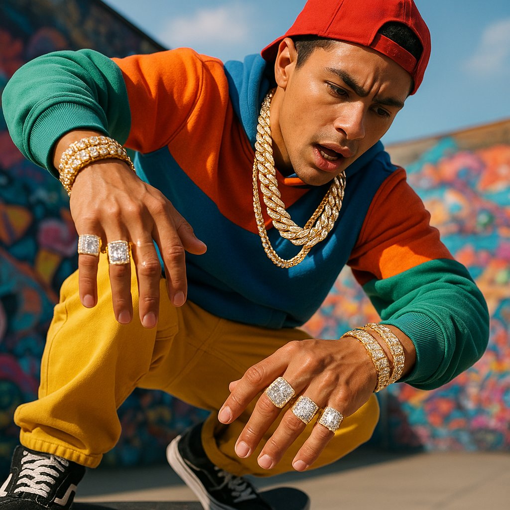 Urban streetwear jewelry featuring chunky chains, bold rings, and edgy pendants blending skate culture with luxury style