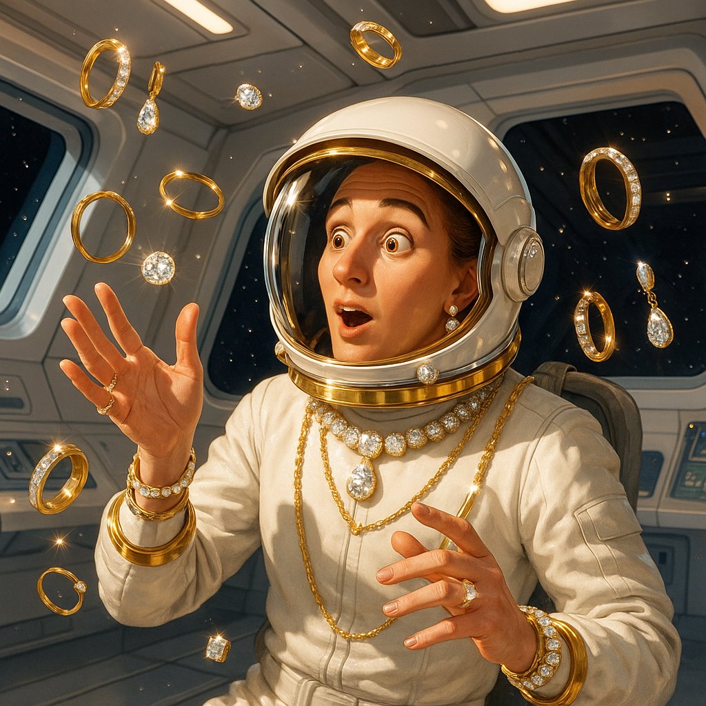 Conceptual image of jewelry floating in zero gravity inside a spacecraft