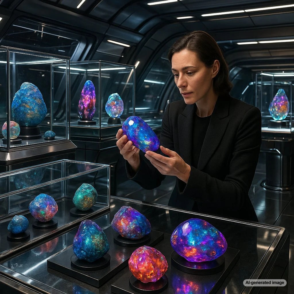 Conceptual image of sparkling extraterrestrial gemstones floating in space with a cosmic background