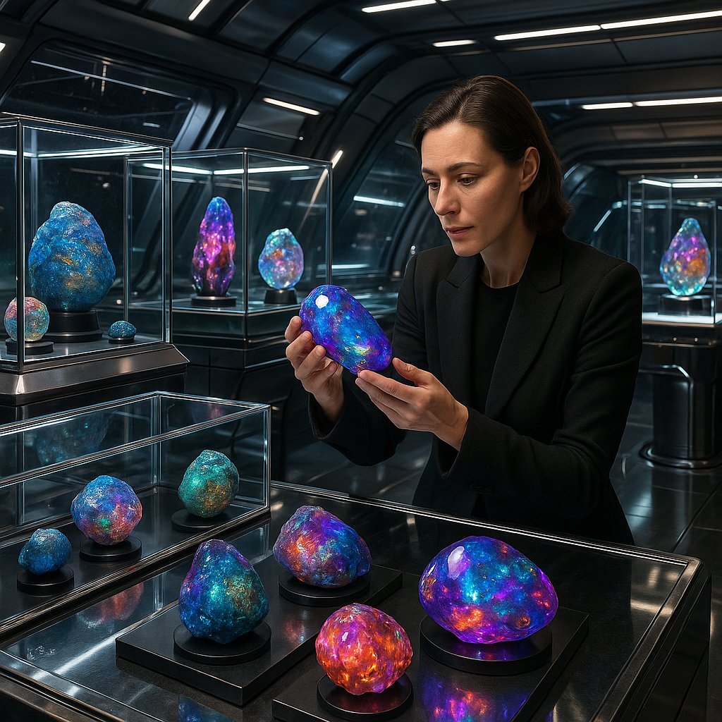 Conceptual image of sparkling extraterrestrial gemstones floating in space with a cosmic background