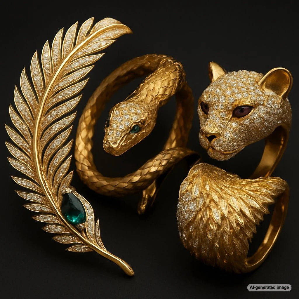 Luxury animal-inspired jewelry collection featuring lion, butterfly, and serpent designs