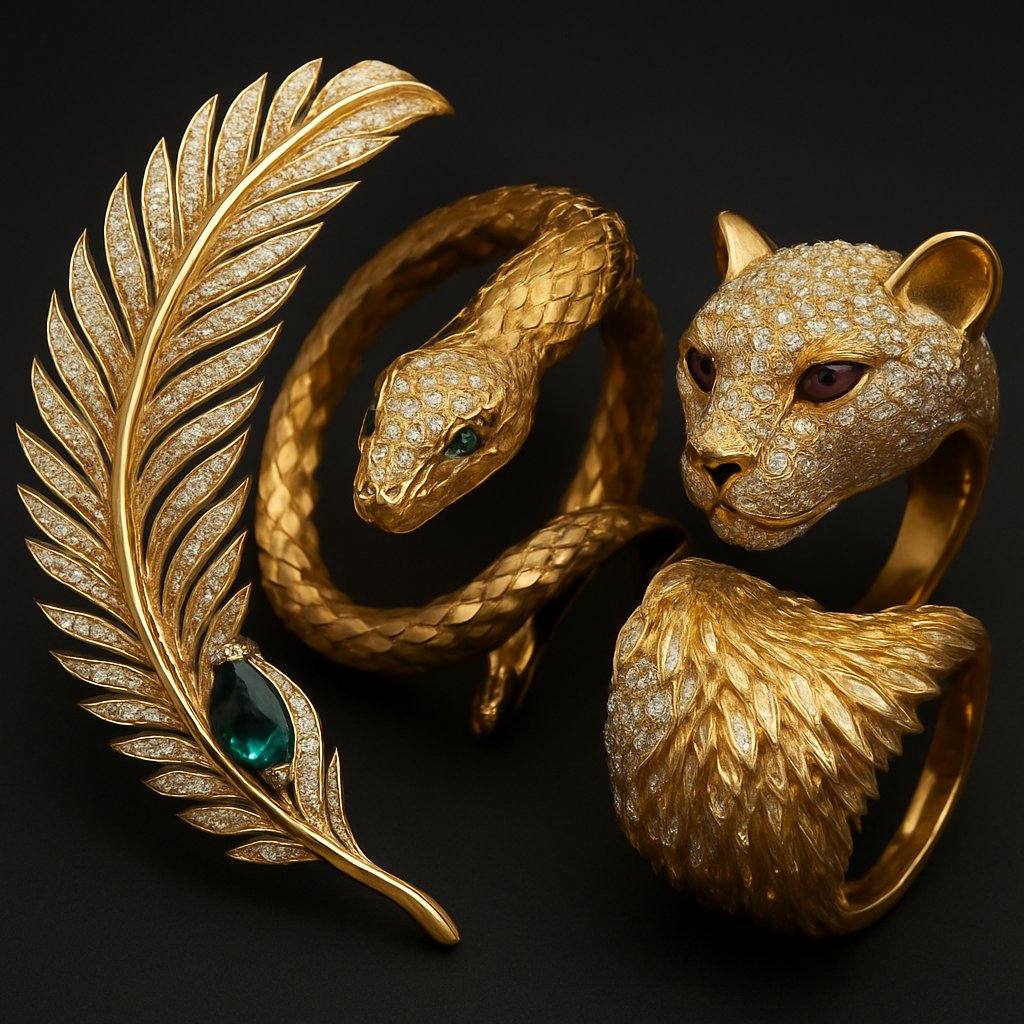 Luxury animal-inspired jewelry collection featuring lion, butterfly, and serpent designs