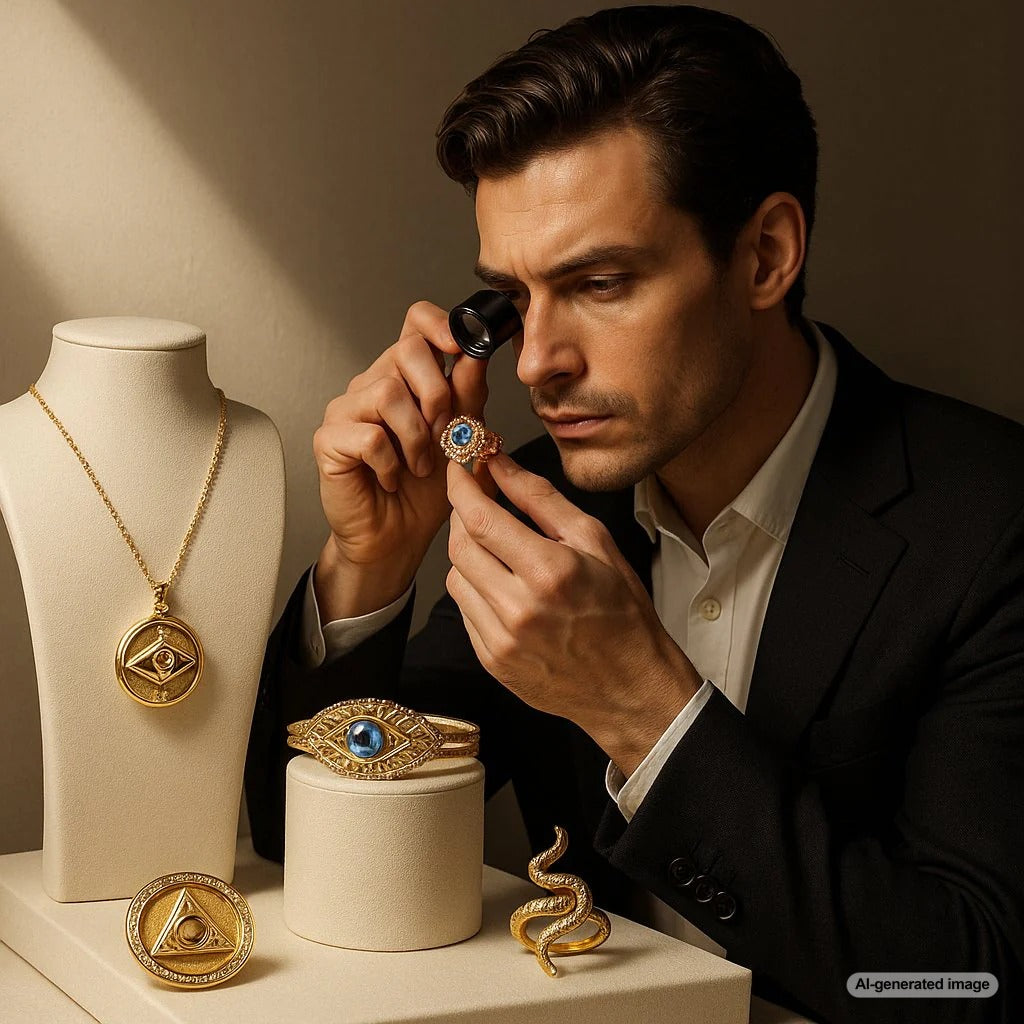 Mysterious conspiracy theory inspired jewelry collection featuring symbolic pendants, rings, and earrings