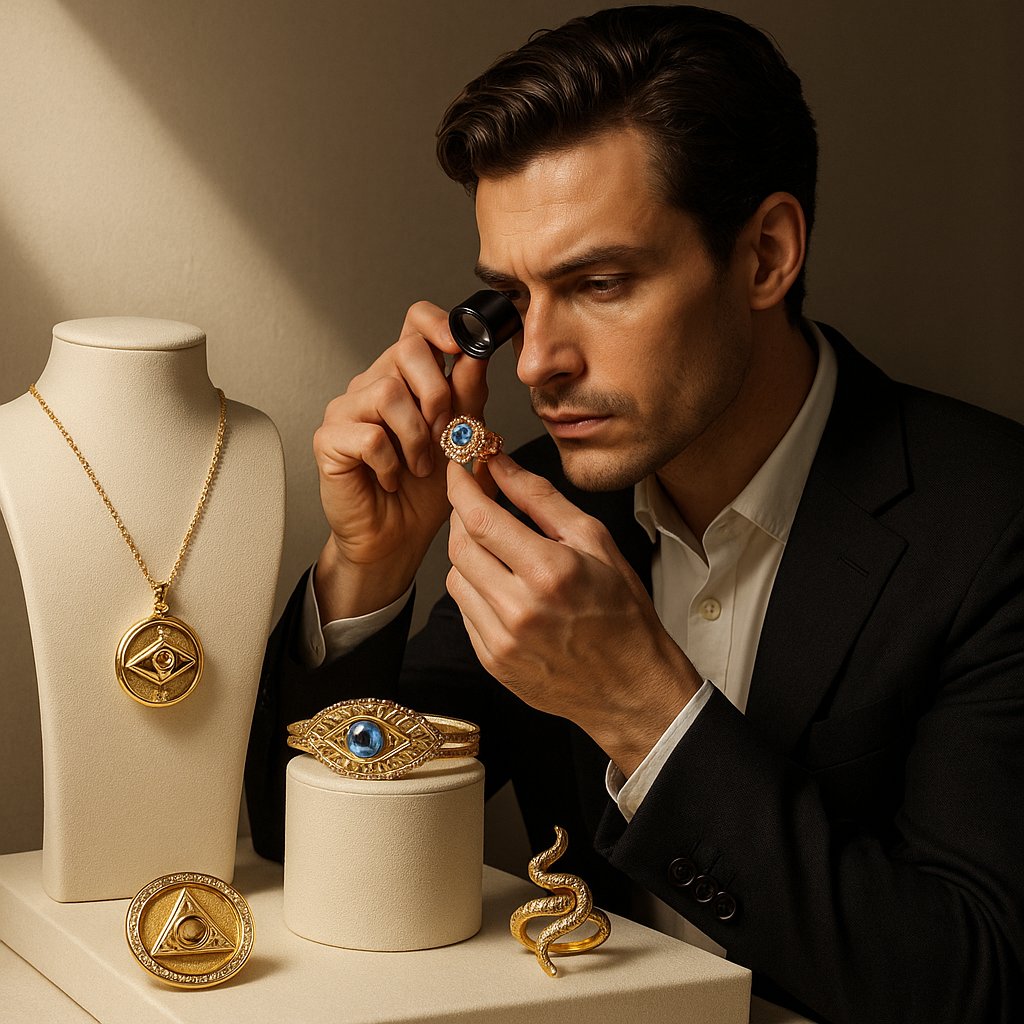 Mysterious conspiracy theory inspired jewelry collection featuring symbolic pendants, rings, and earrings