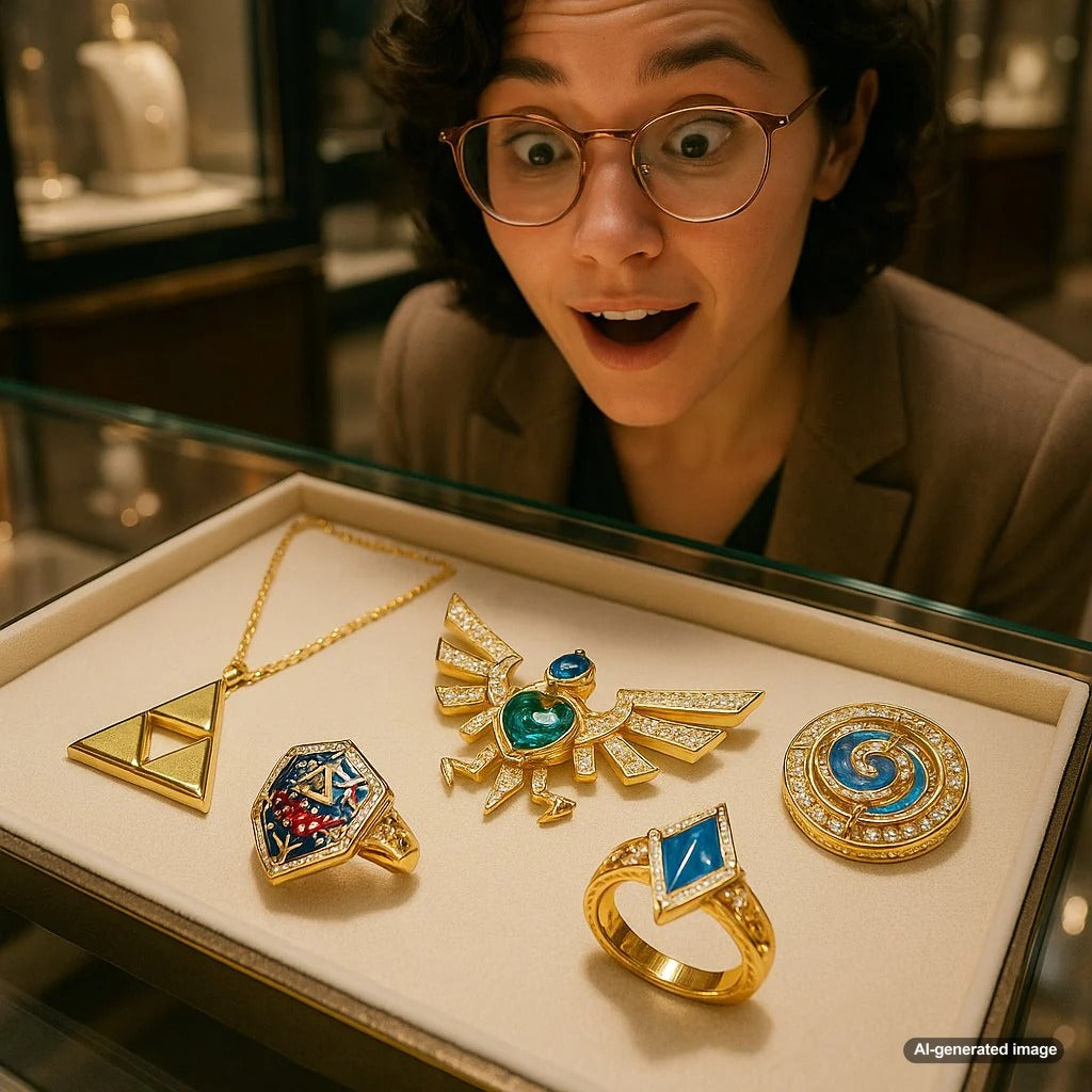 Fantasy-inspired jewelry collection featuring rings, necklaces, and bracelets with video game motifs like swords, runes, and mythical creatures