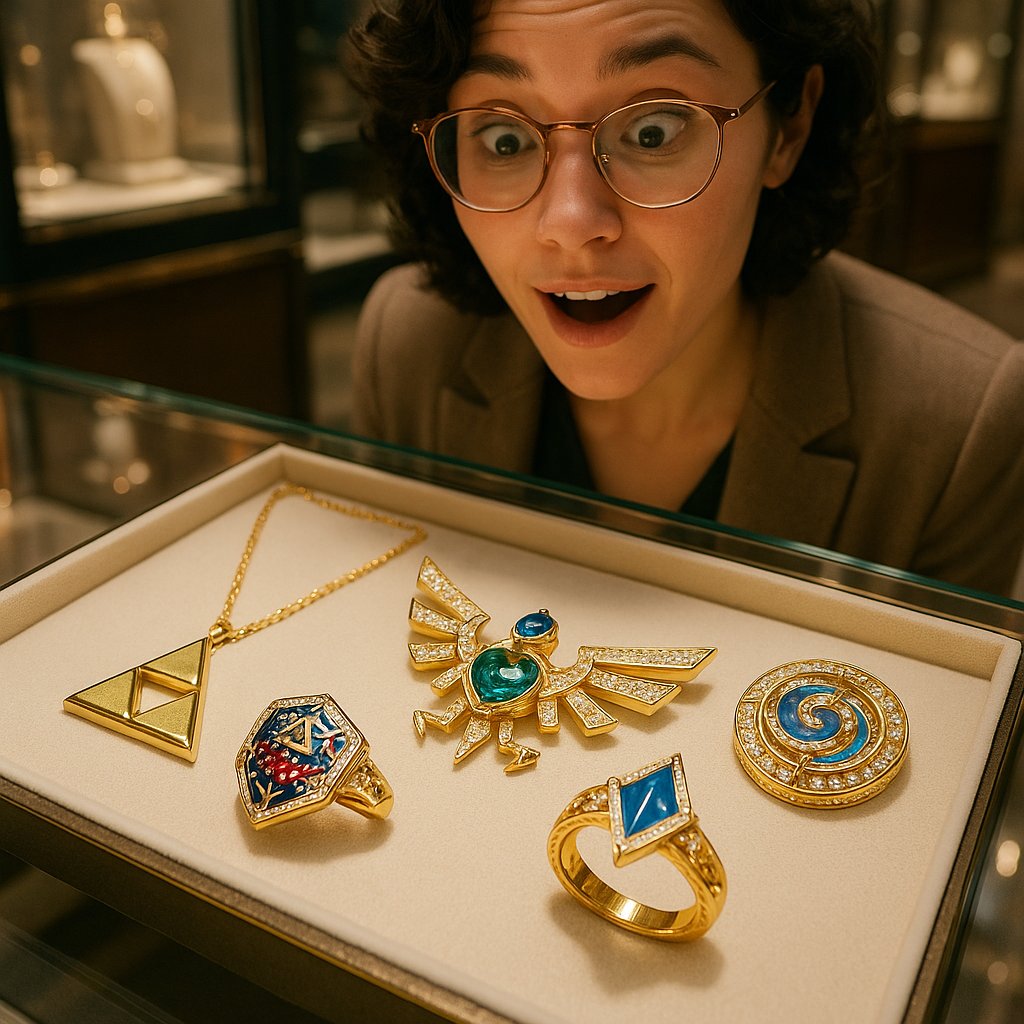 Fantasy-inspired jewelry collection featuring rings, necklaces, and bracelets with video game motifs like swords, runes, and mythical creatures