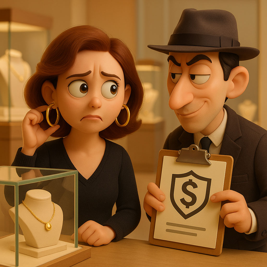 Close-up of diamond ring with insurance documents blurred in background