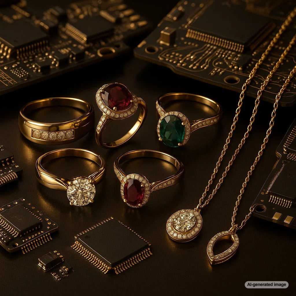 Elegant recycled gold jewelry crafted from upcycled tech components