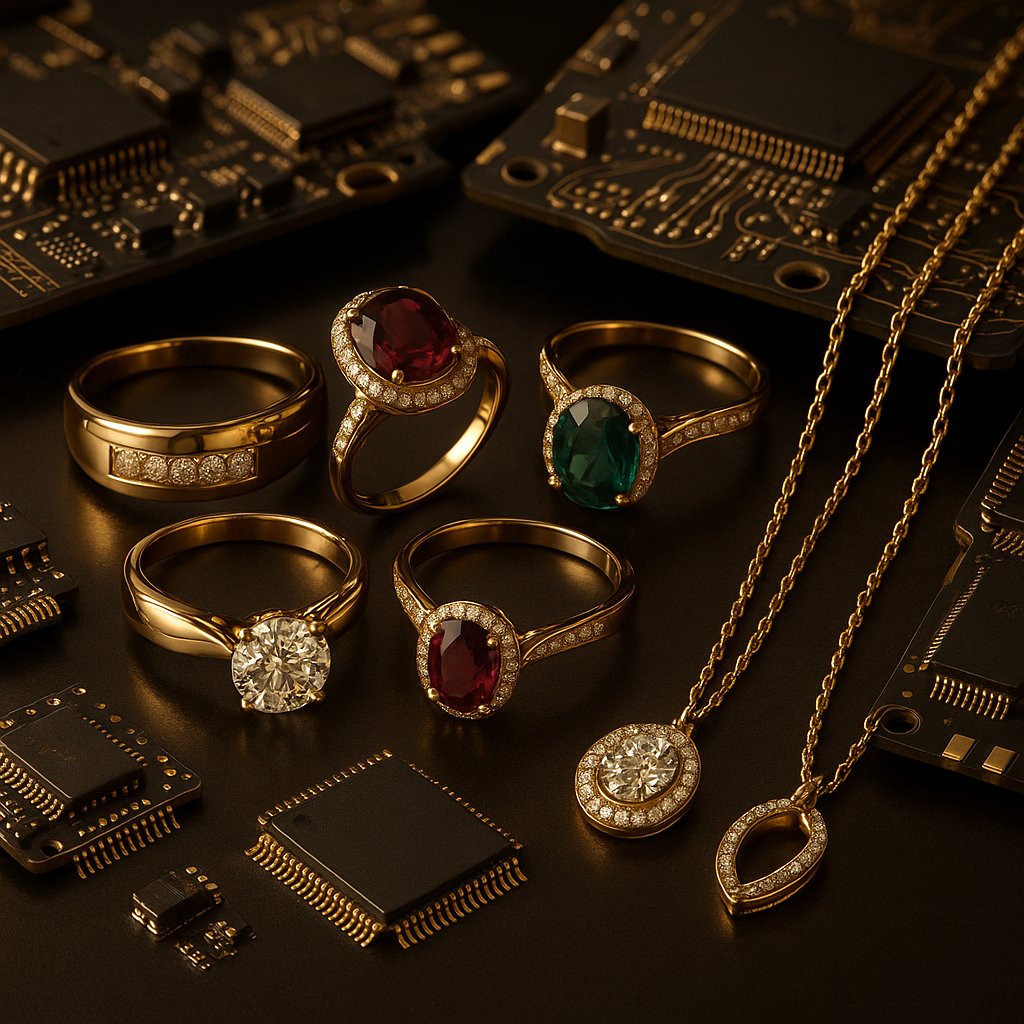 Elegant recycled gold jewelry crafted from upcycled tech components