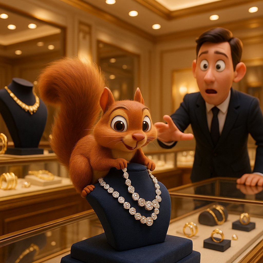 A mischievous raccoon holding a diamond ring with a playful expression