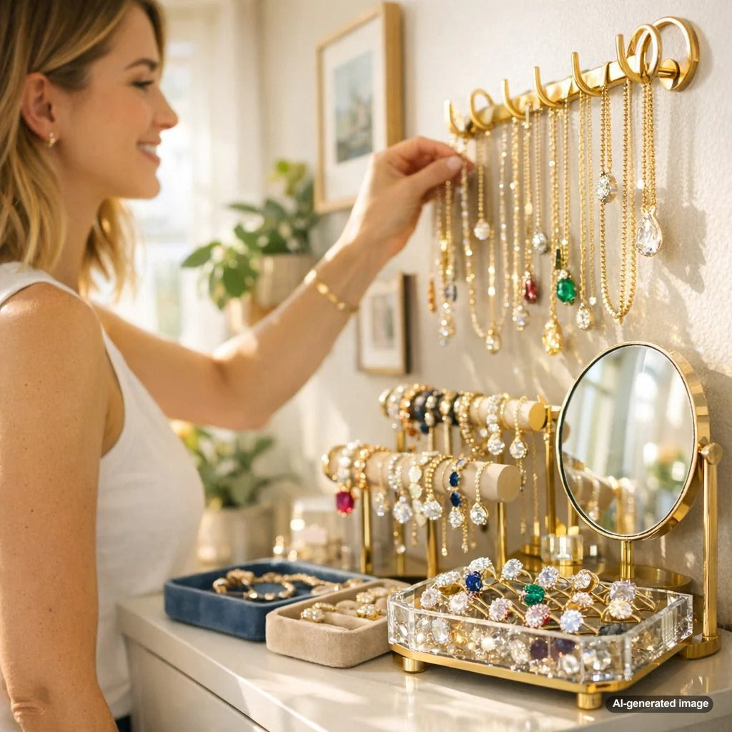 Creative and stylish jewelry storage solutions displayed in a modern small apartment setting