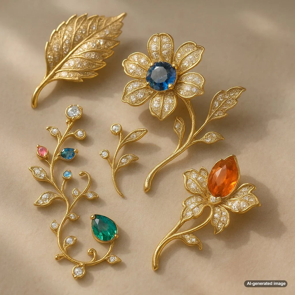 Exquisite nature-inspired jewelry collection featuring floral and fauna designs in gold and gemstones