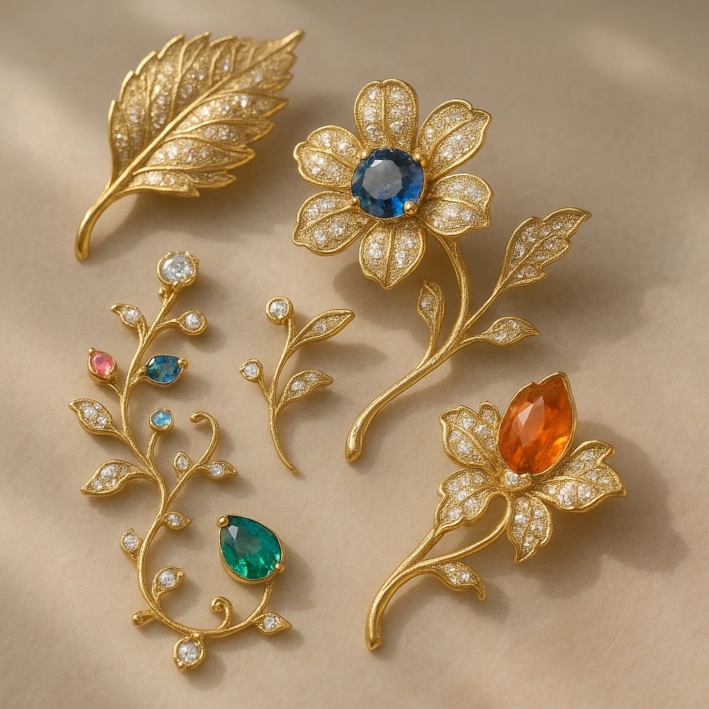 Exquisite nature-inspired jewelry collection featuring floral and fauna designs in gold and gemstones