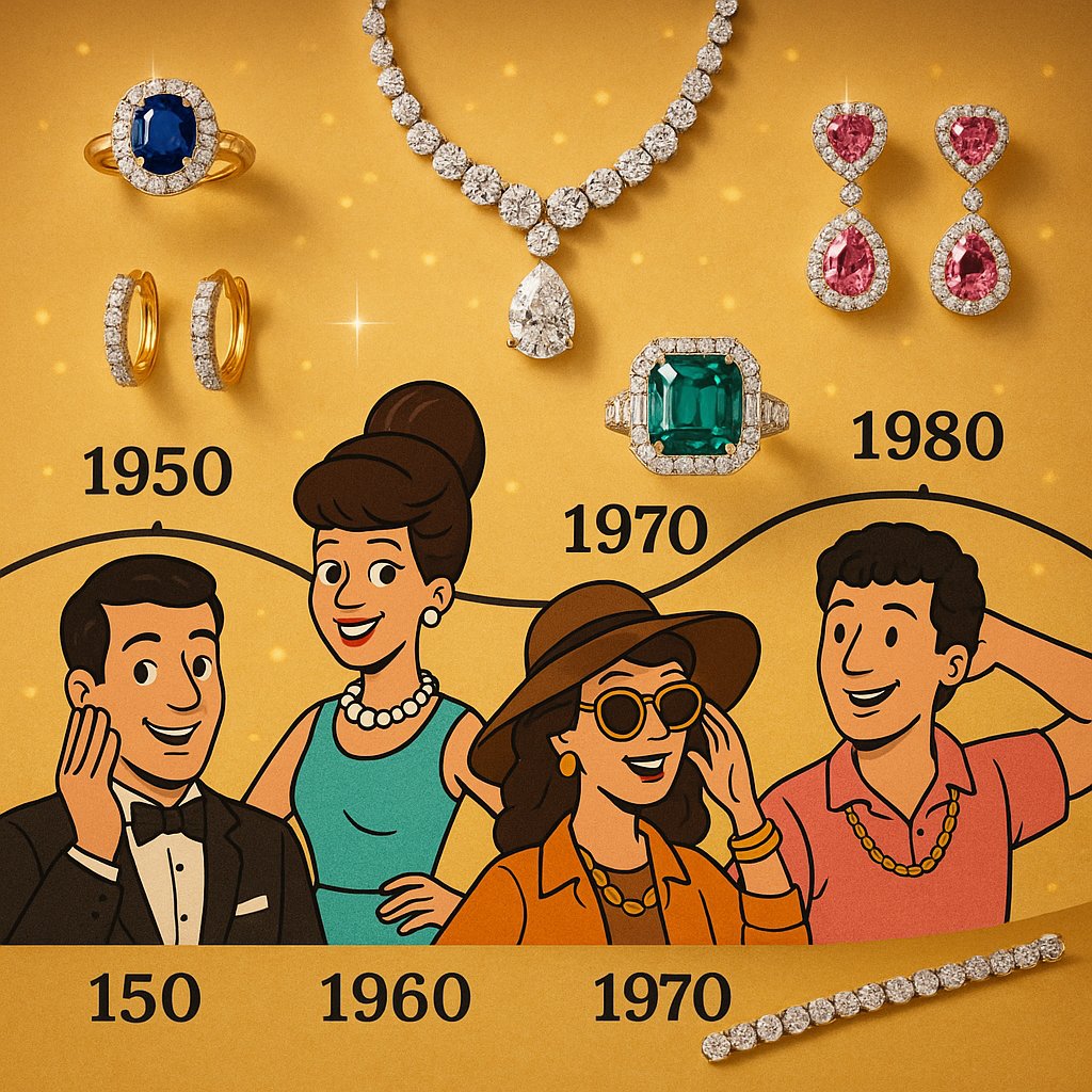 Vintage and modern jewelry pieces arranged to show the evolution of style through different decades