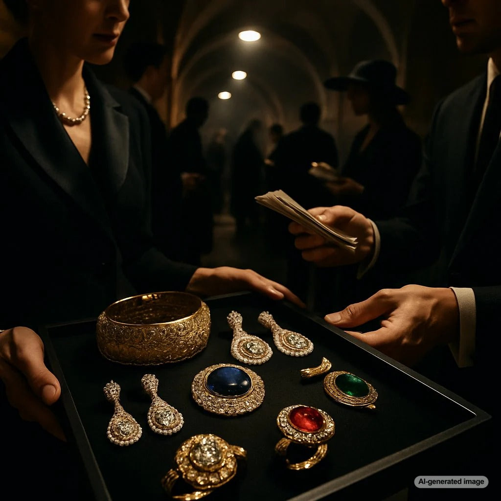Diamond and gold jewelry used as black market currency, showcasing rings, necklaces, and loose gems