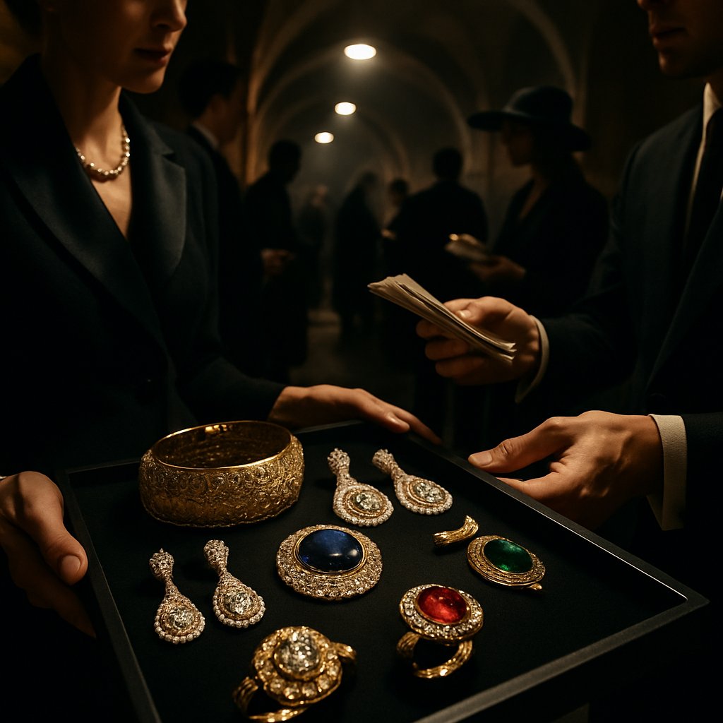 Diamond and gold jewelry used as black market currency, showcasing rings, necklaces, and loose gems