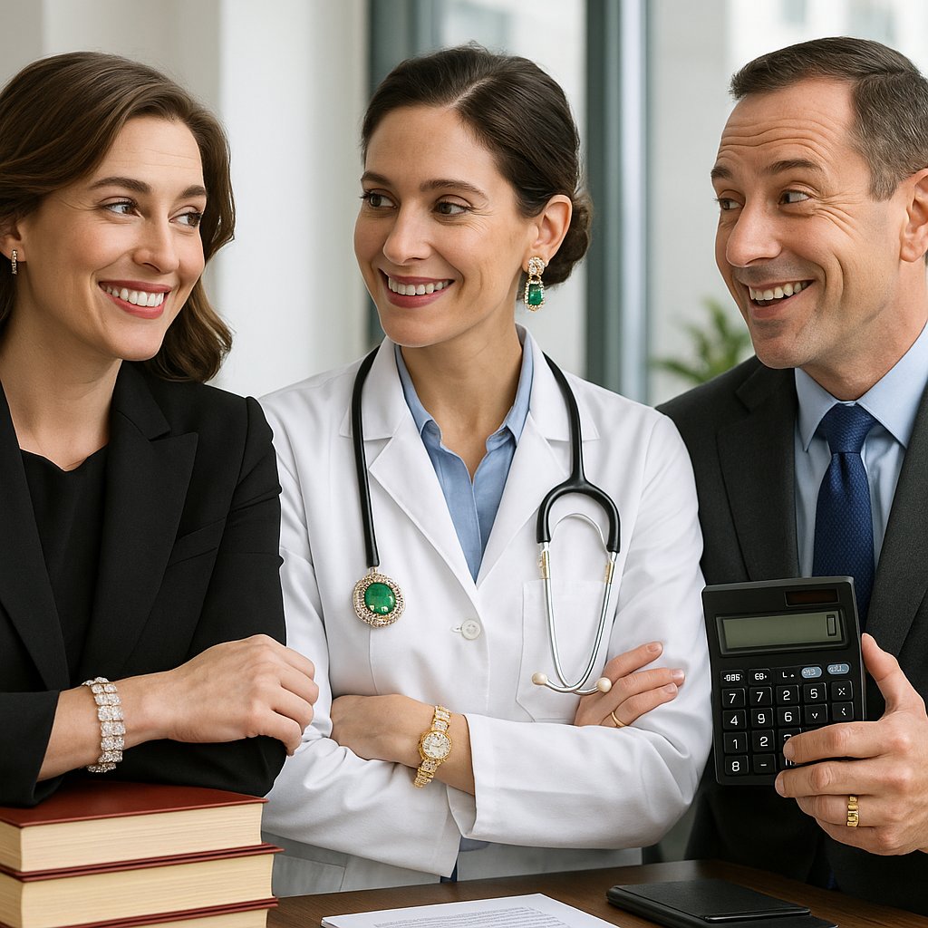 A curated selection of professional jewelry including diamond stud earrings, a pearl necklace, a tennis bracelet, and a classic watch on a desk with legal and financial documents.