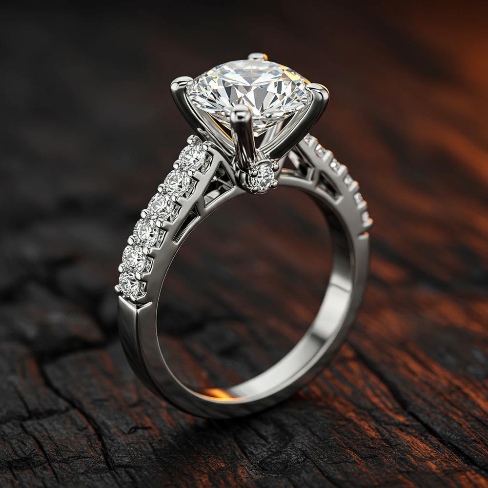 Close-up of a prong-set diamond ring showcasing the intricate metalwork and brilliance of the stone