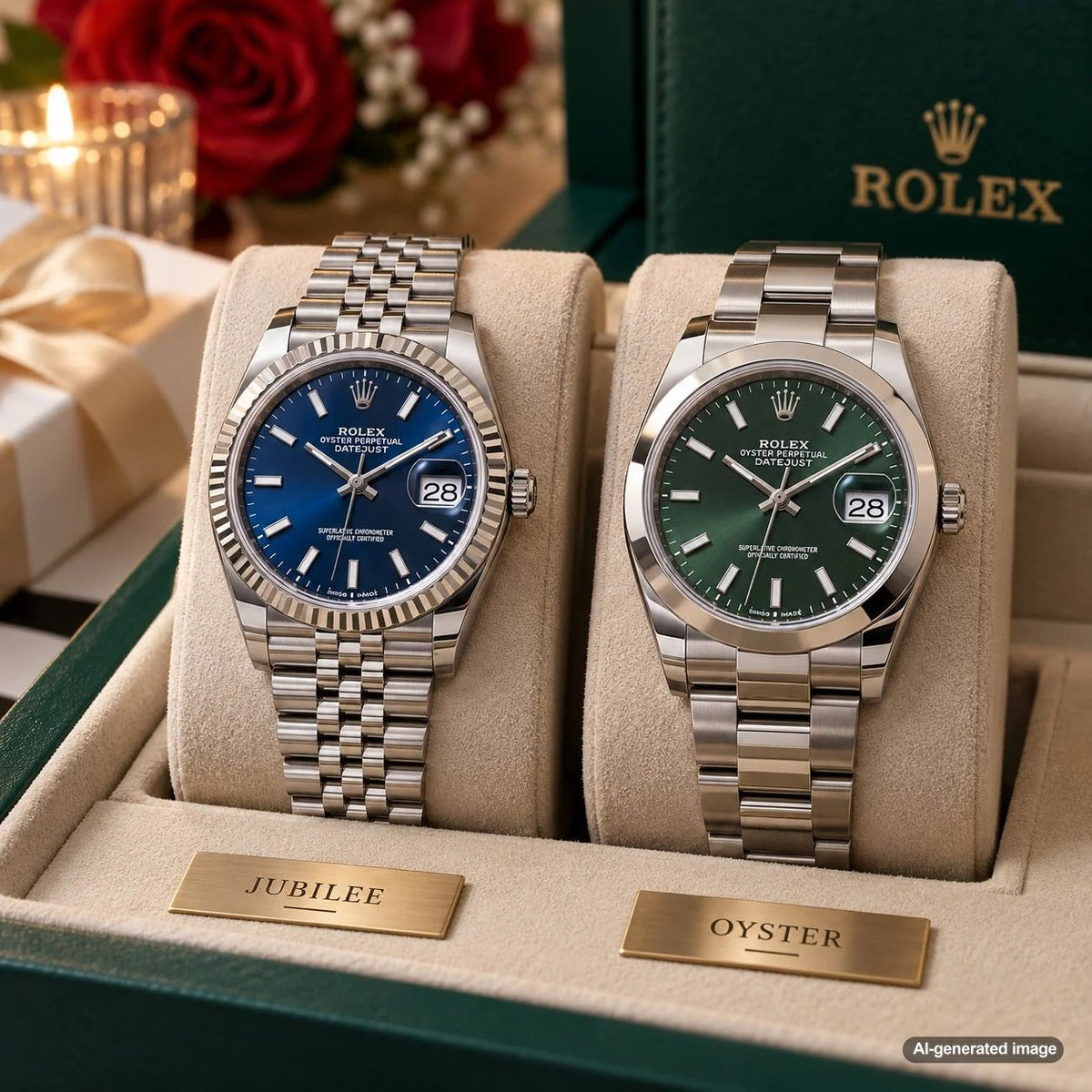 Rolex Jubilee vs Oyster bracelet comparison showing elegant five-link and sporty three-link metal bracelet designs for everyday wear