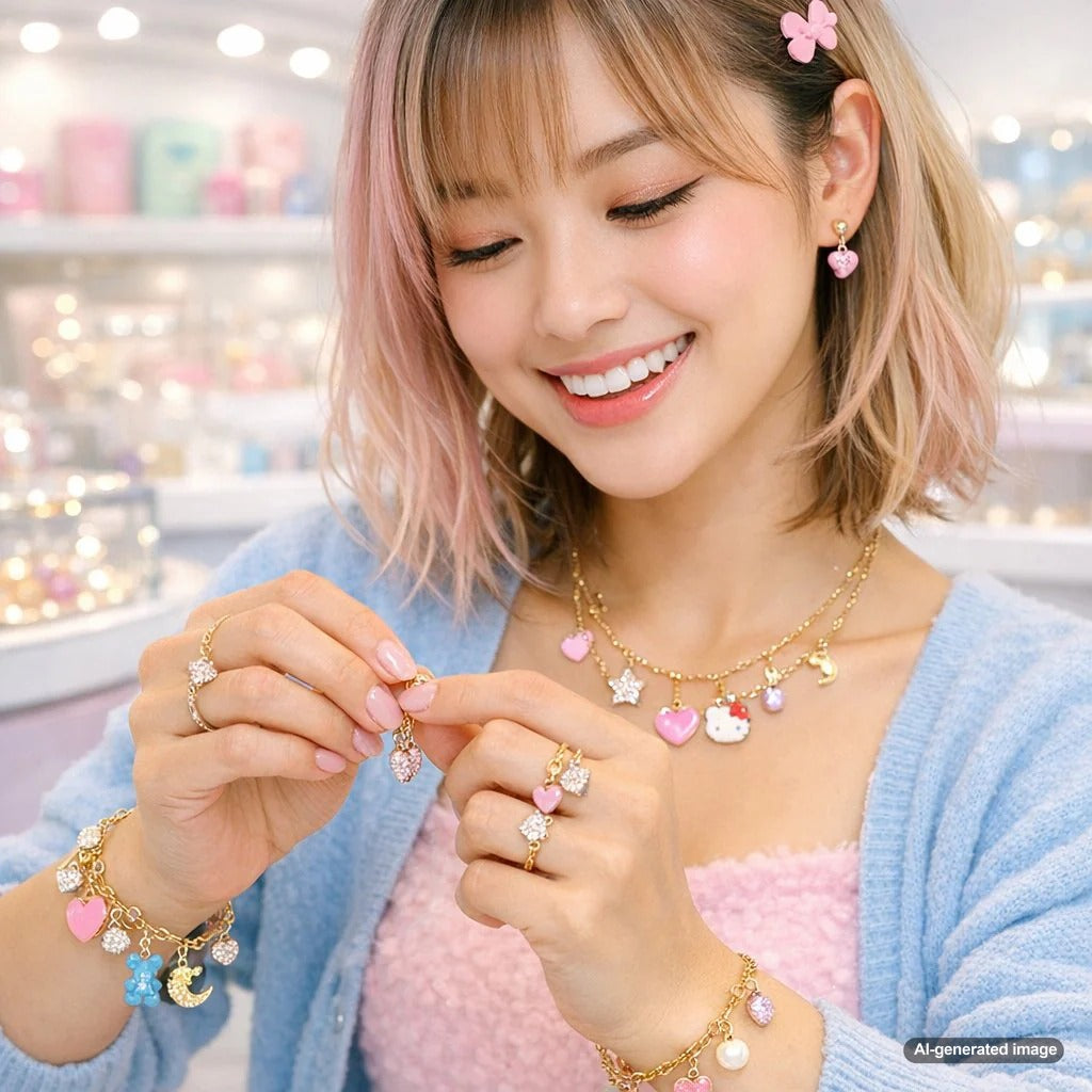 A curated collection of kawaii style luxury charms including a diamond donut, a pearl latte, and a gold cat, displayed on a velvet surface.