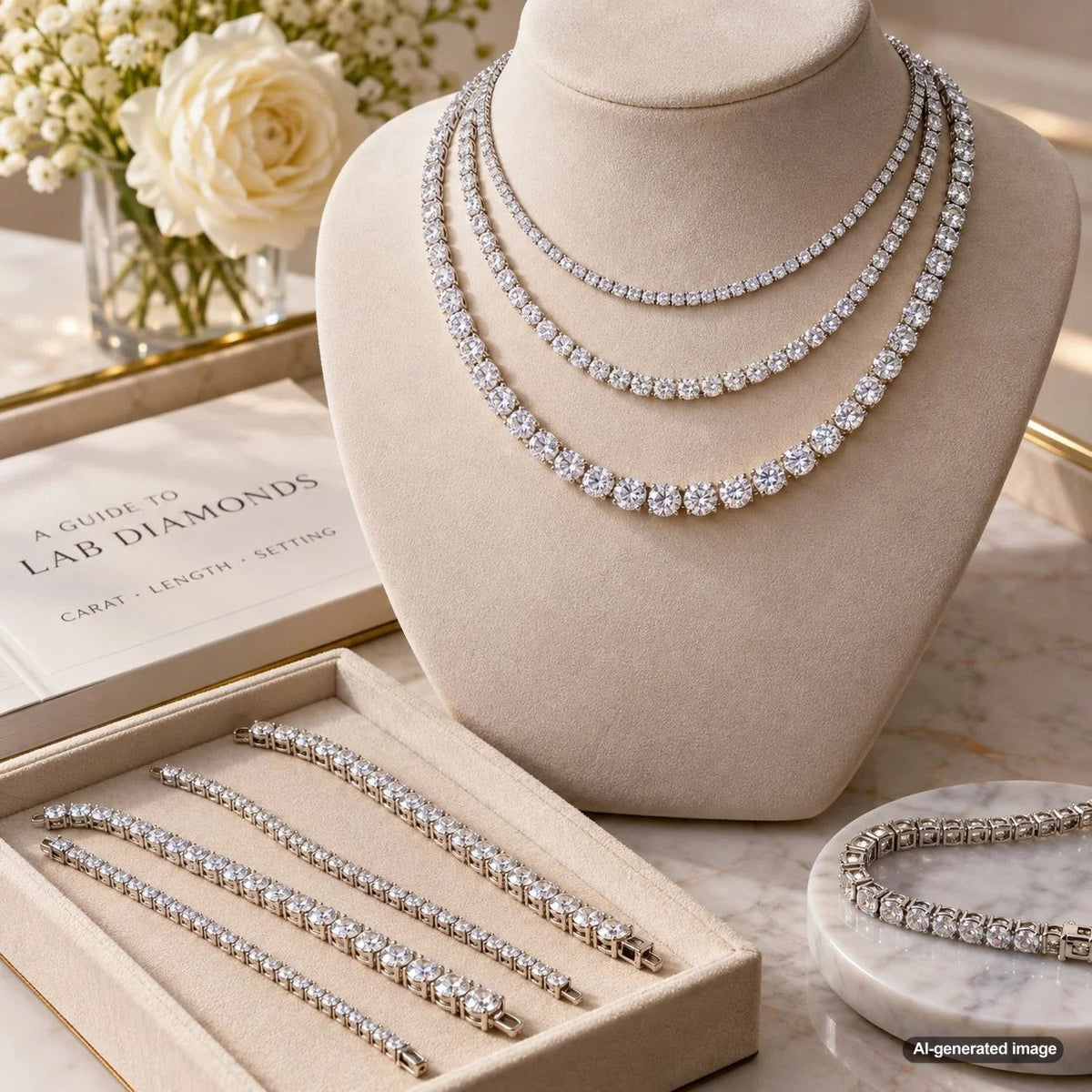 Elegant lab grown diamond tennis necklace showcasing sparkling diamonds in a continuous setting, illustrating how carat weight, necklace length, and setting style influence its appearance
