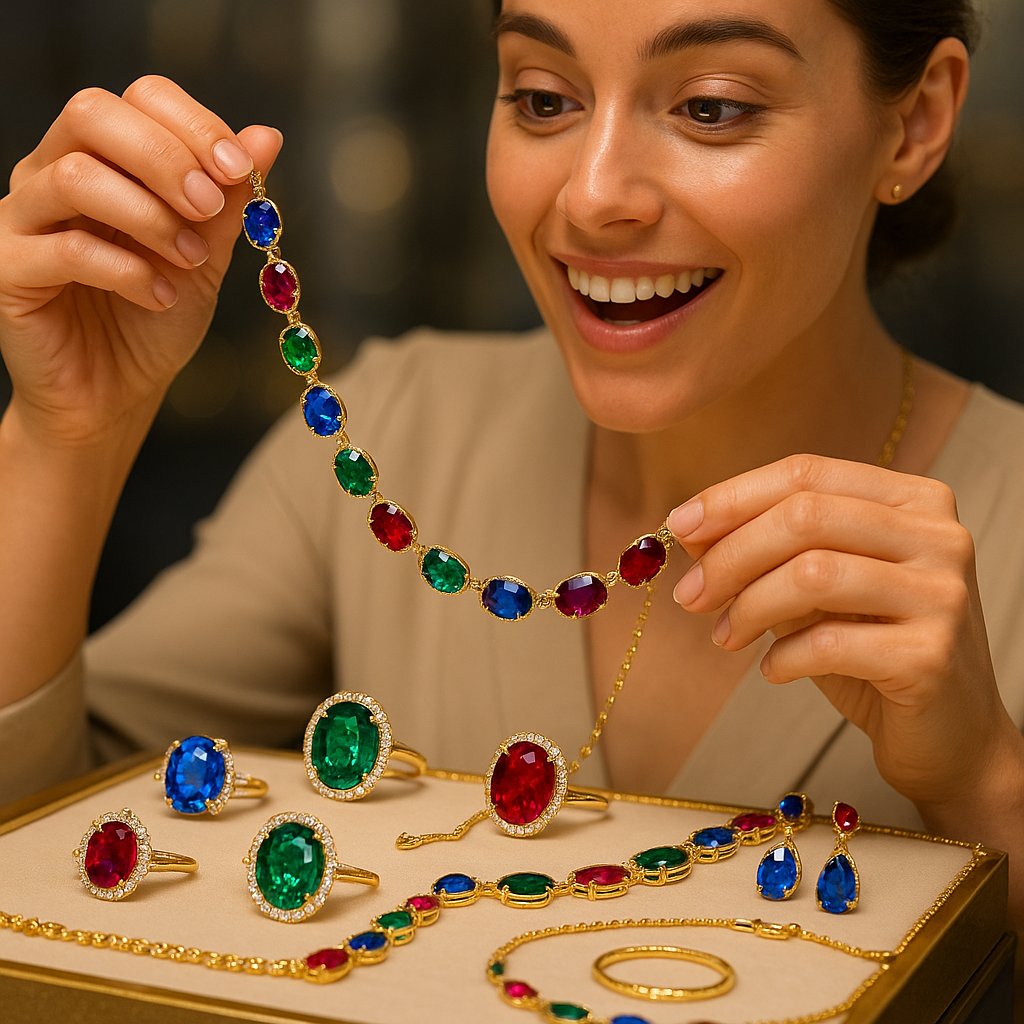 A stunning collection of lab-grown colored gemstones including emeralds, sapphires, and rubies in various jewelry settings