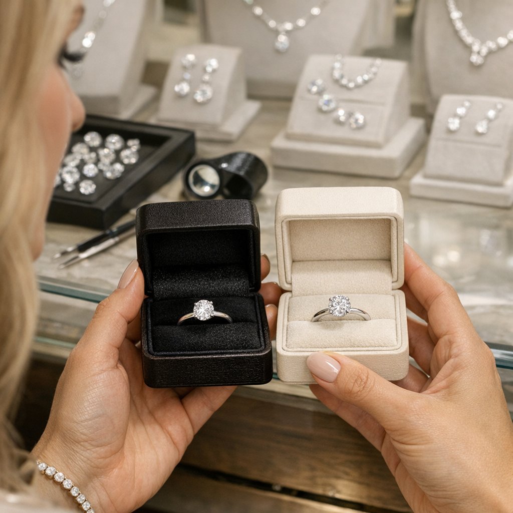 Lab grown diamond vs natural diamond comparison chart with sparkle effects and technical details