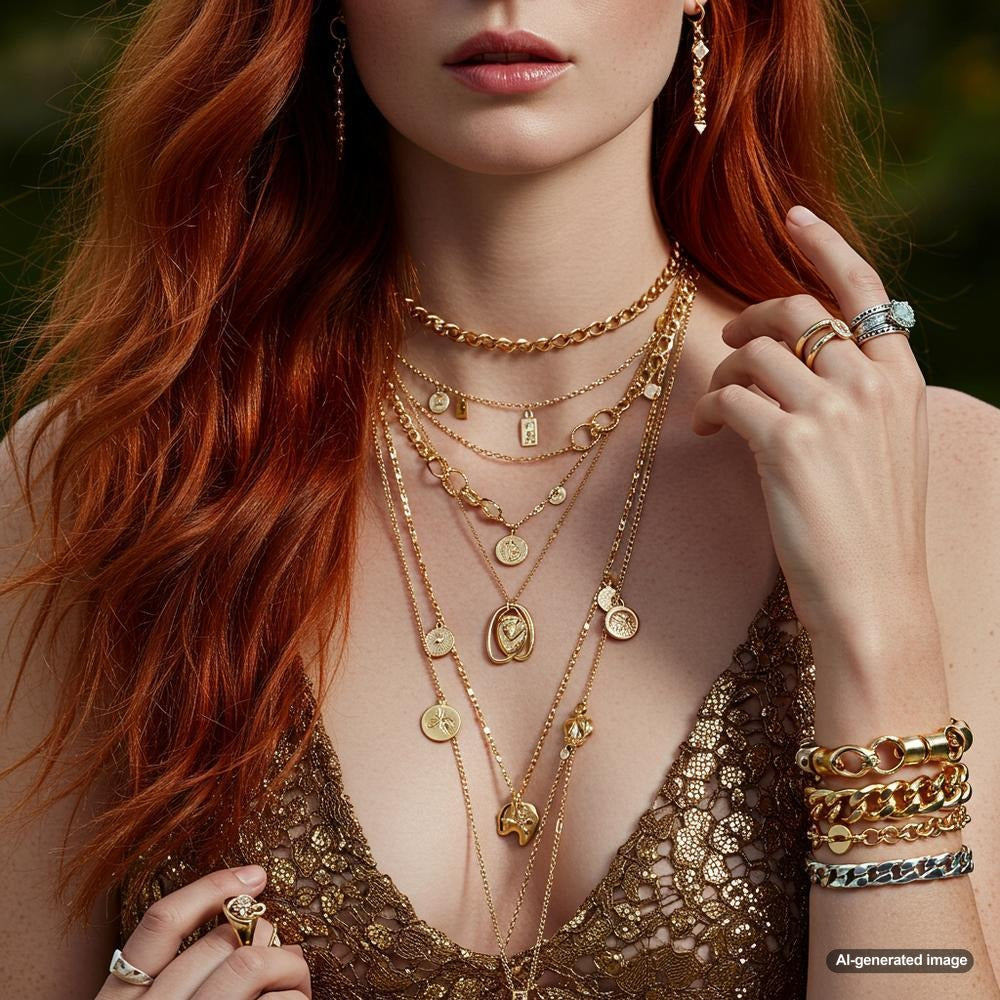 Gold layered necklace set featuring three different chain styles