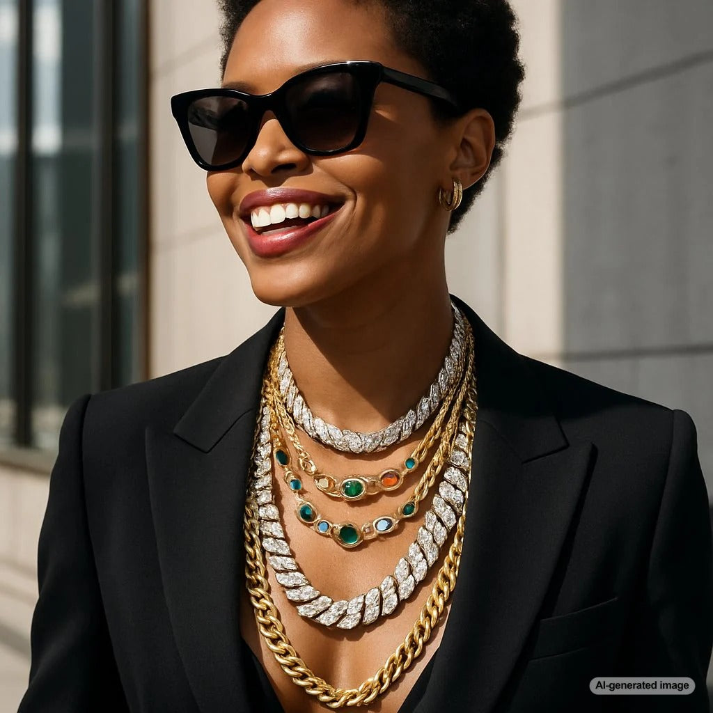 Artfully layered necklaces featuring mixed chain styles and metals creating a sophisticated jewelry stack