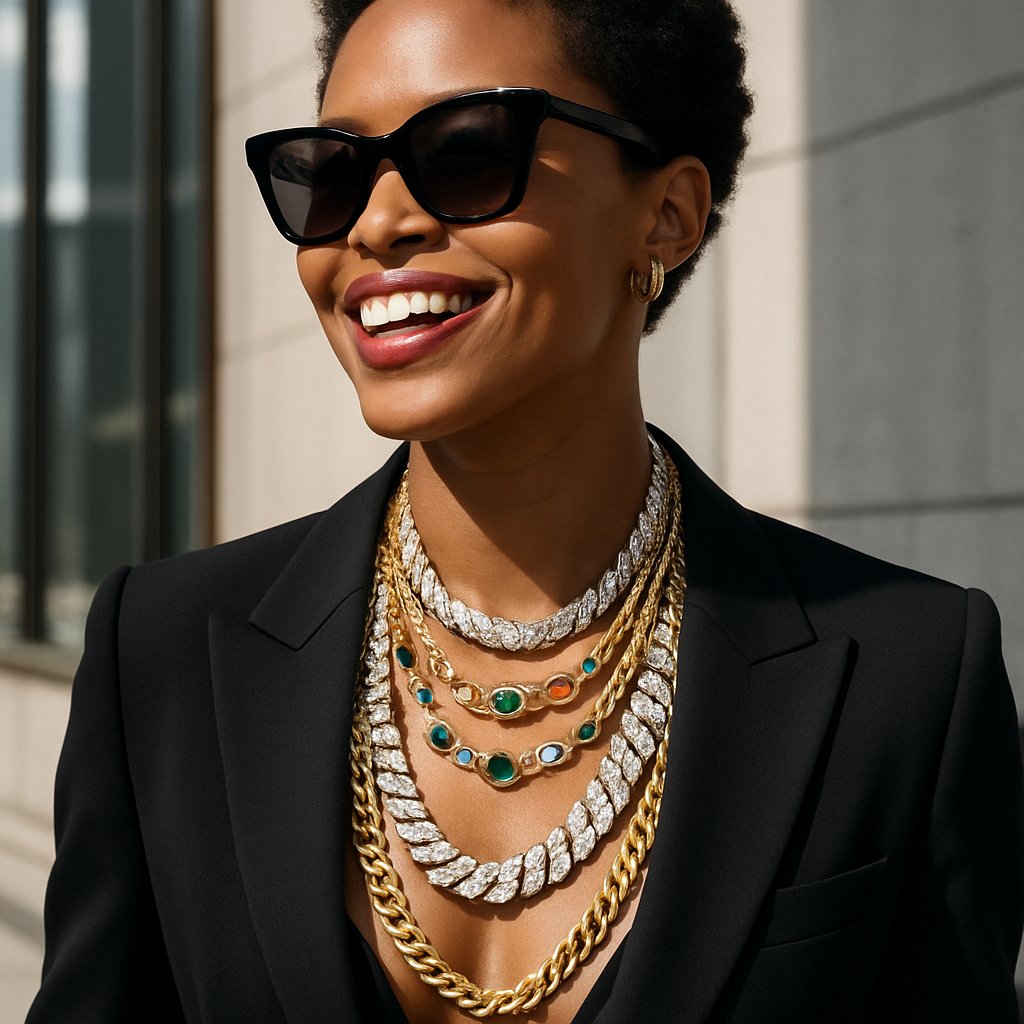 Artfully layered necklaces featuring mixed chain styles and metals creating a sophisticated jewelry stack