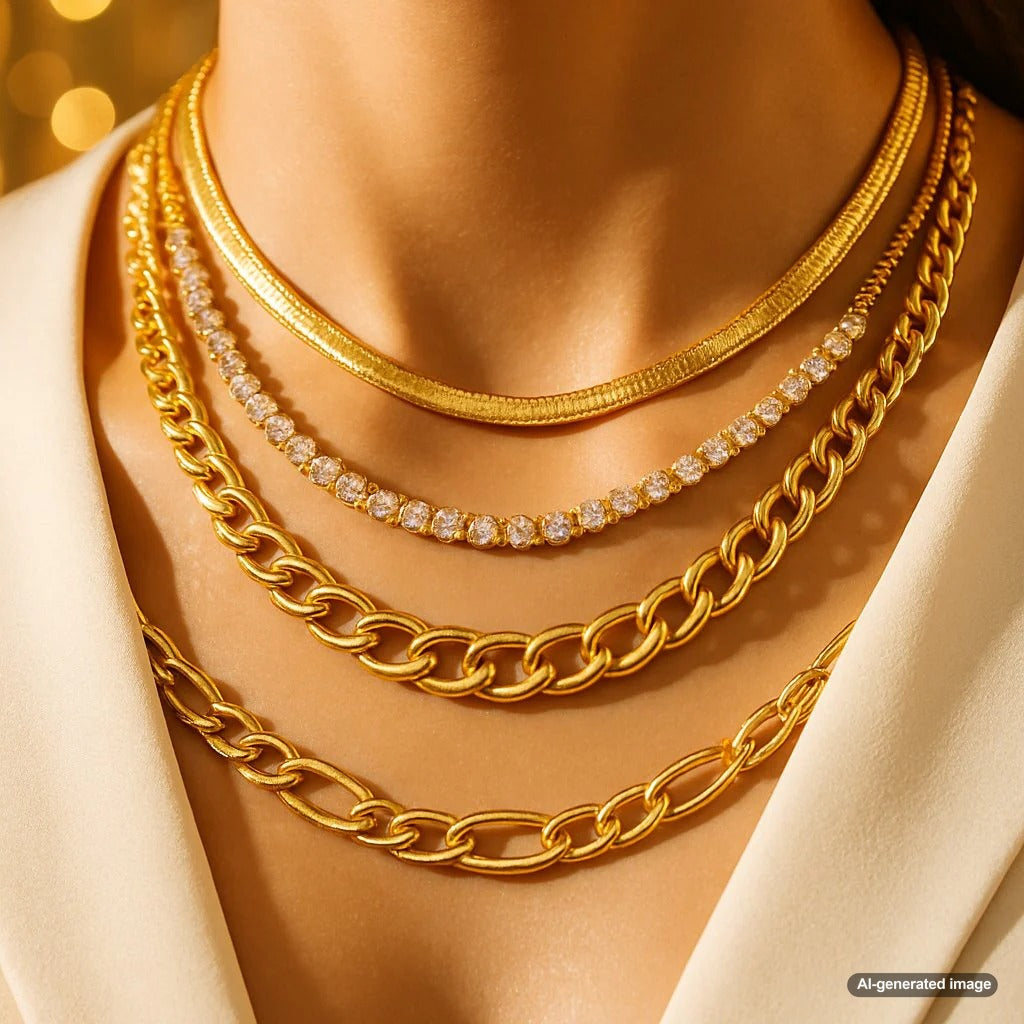 Artfully layered necklaces featuring snake, figaro, and mariner style gold chains on a woman, showcasing texture and style