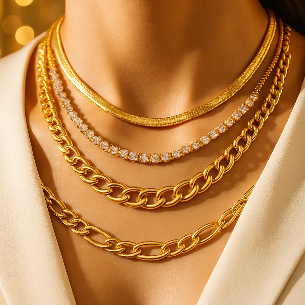 Artfully layered necklaces featuring snake, figaro, and mariner style gold chains on a woman, showcasing texture and style