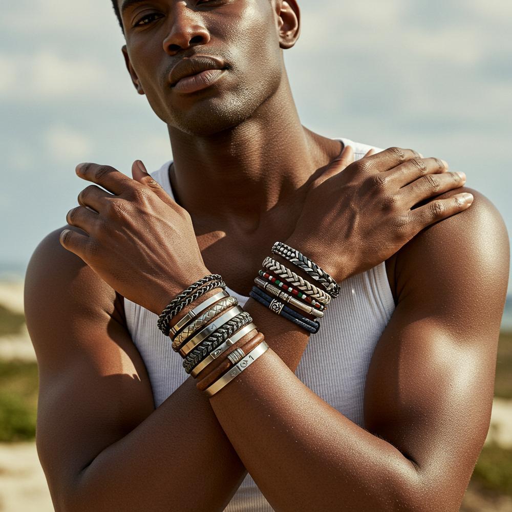 Layering Men's Bracelets - A Stylish Combination of Leather, Metal, and Beaded Bracelets
