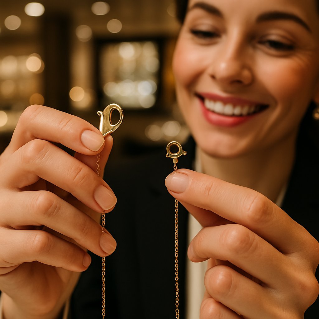 Close up comparison of lobster claw clasp and spring ring clasp on gold chains