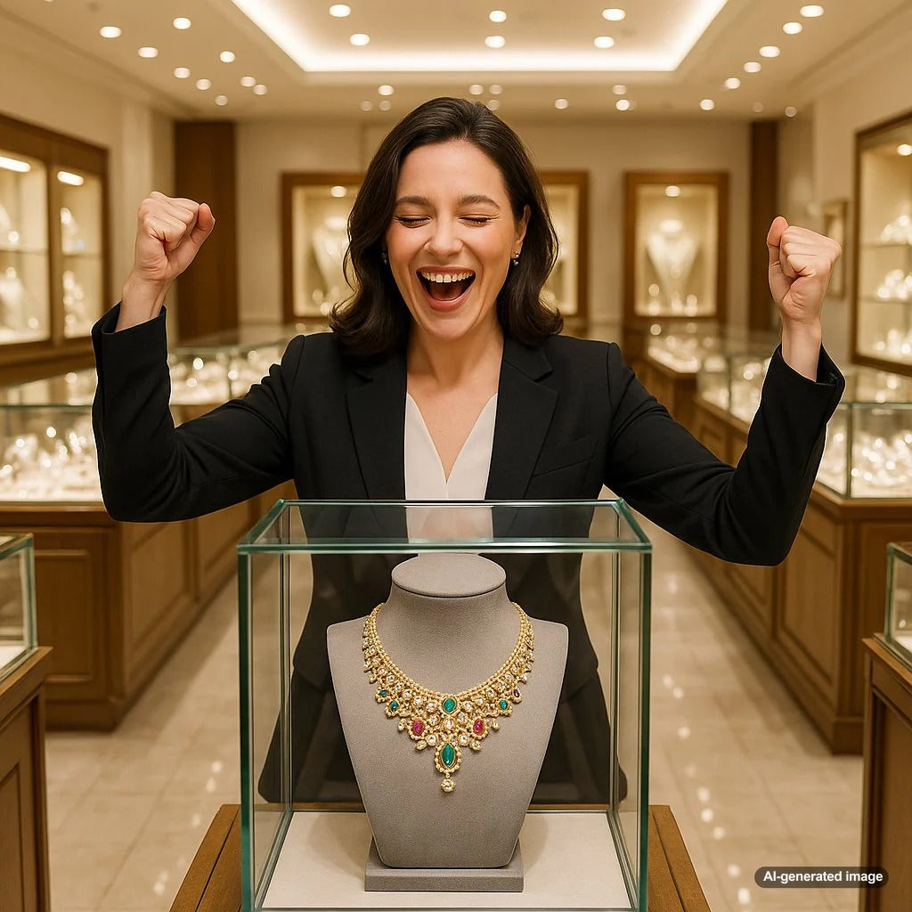 Woman wearing an elegant signature jewelry piece to celebrate a major career achievement