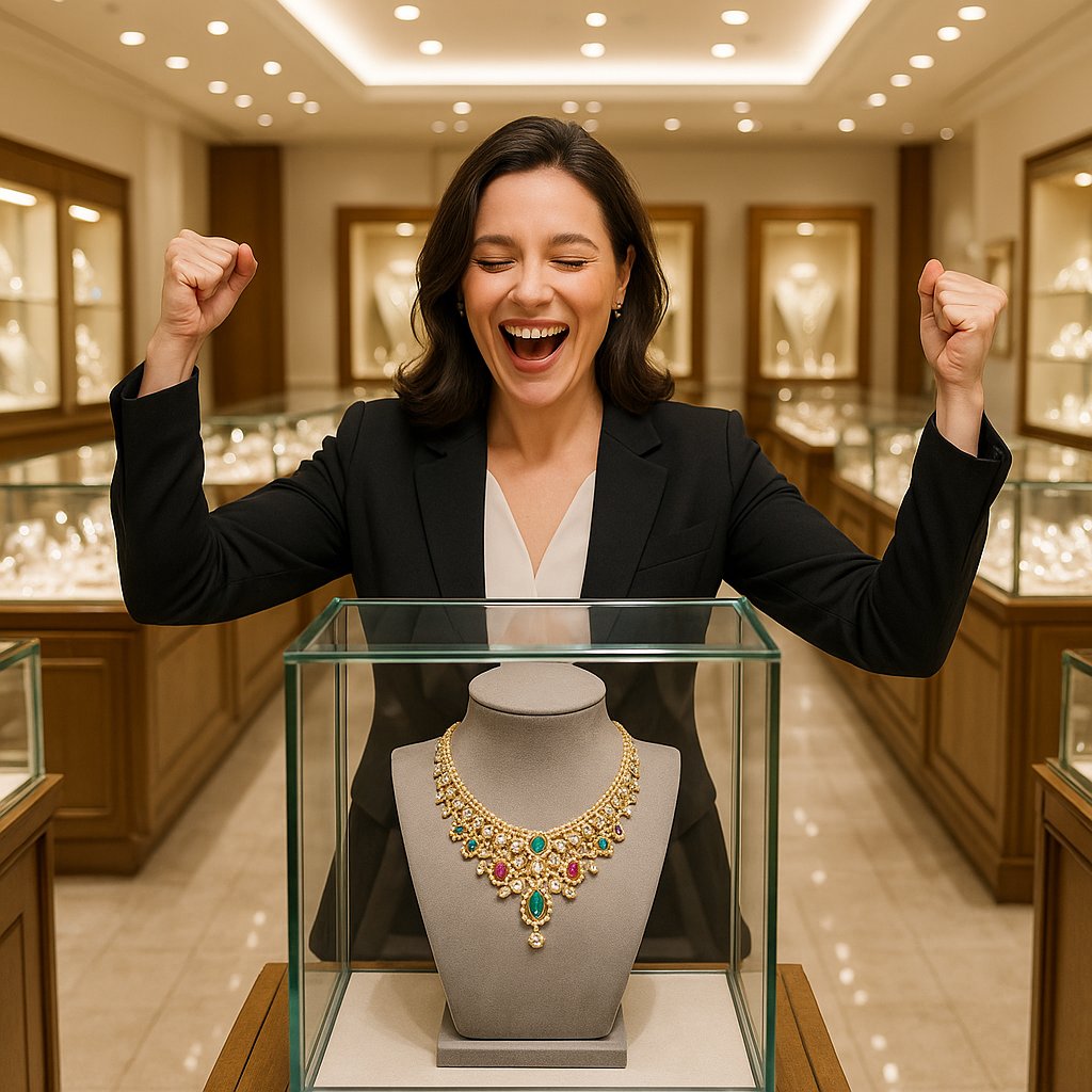 Woman wearing an elegant signature jewelry piece to celebrate a major career achievement