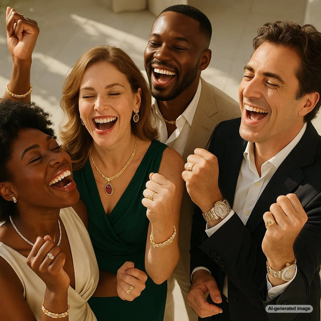 A woman smiling confidently while touching a beautiful diamond pendant necklace, symbolizing personal victory and achievement