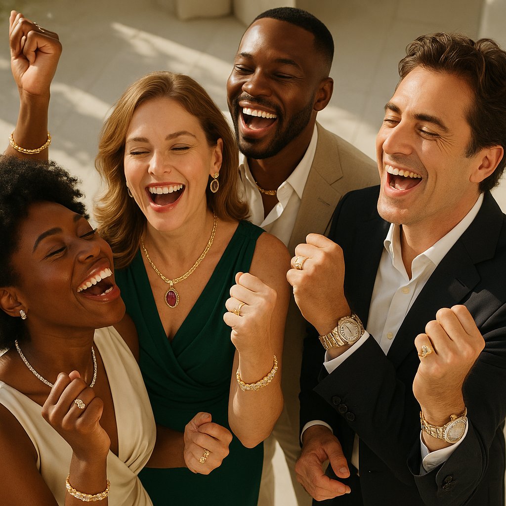 A woman smiling confidently while touching a beautiful diamond pendant necklace, symbolizing personal victory and achievement