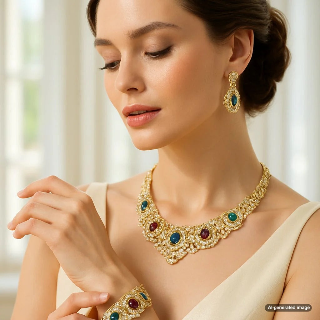 Elegant matching jewelry set featuring coordinating necklace, bracelet and earrings with diamond accents