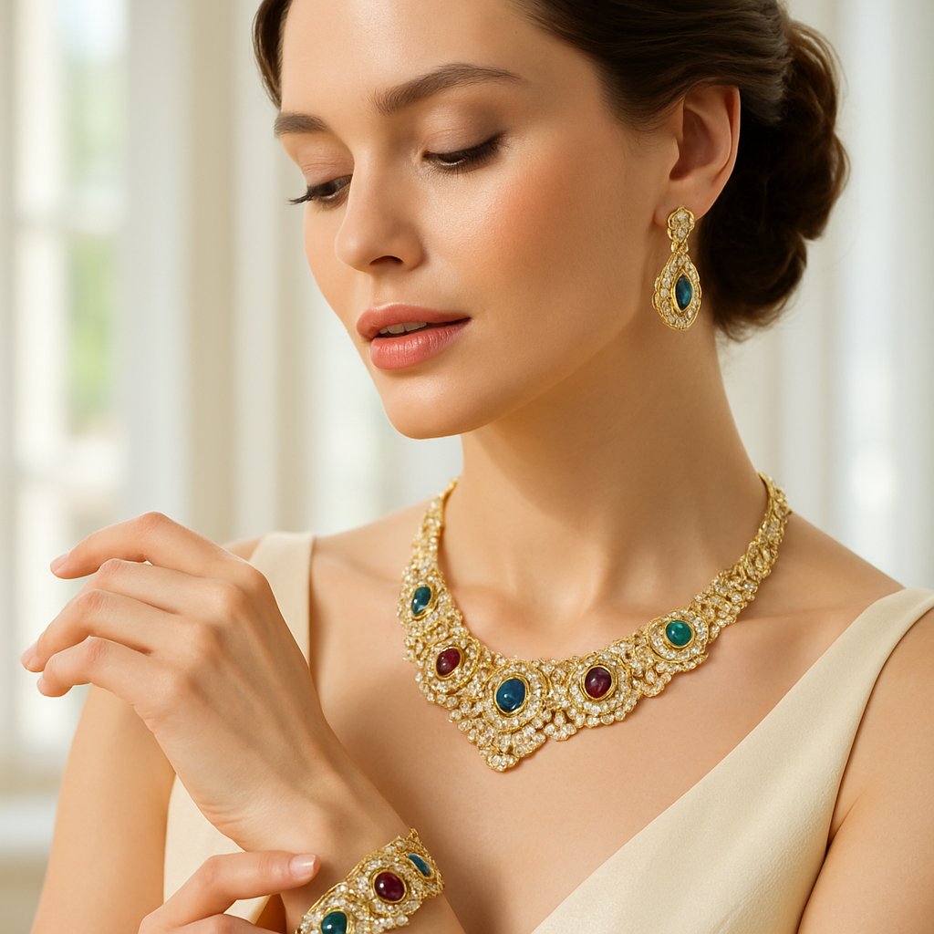 Elegant matching jewelry set featuring coordinating necklace, bracelet and earrings with diamond accents